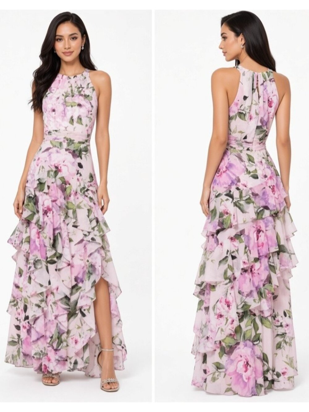 New Xscape Floral Pink Chiffon Halter Ruffled Prom Party Gown Maxi Dress - Picture 2 of 12
